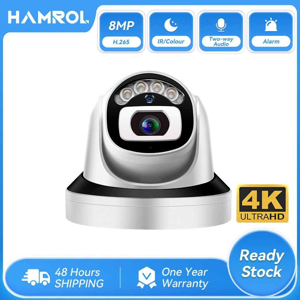 Hamrol new 4k ultra hd 8mp ip camera poe h.265 audio cctv 4 array leds color night vision home security camera