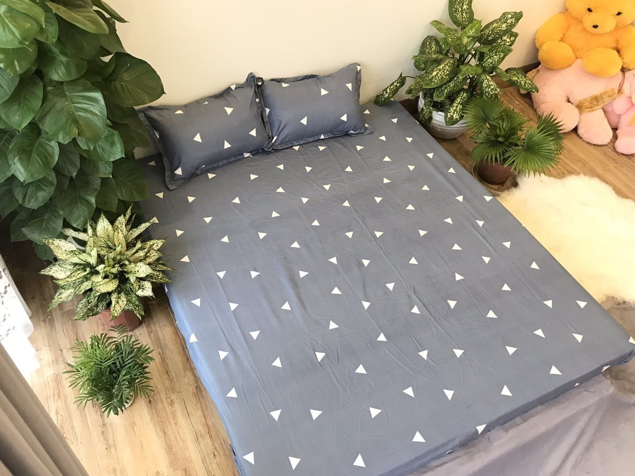 Bộ ga gối cotton poly 3 món họa tiết mẫu tam giác ghi