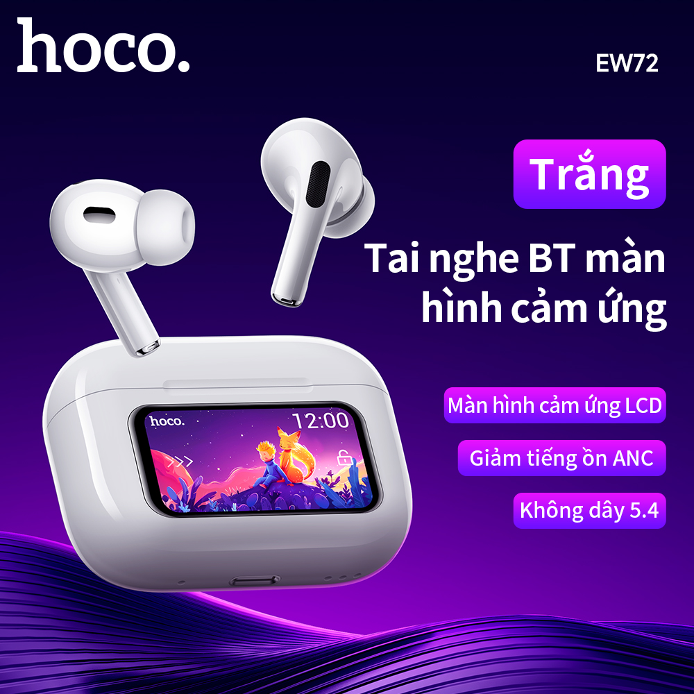 Hoco ew72 không dây chuẩn TWS ANC Tai nghe giảm tiếng ồn bluetooth5.4 LED thông minh Màn hình cảm ứng Bluetooth Tai nghe kèm micro hỗ trợ trượt điều chỉnh/16 ngôn ngữ cho tất cả điện thoại thông minh