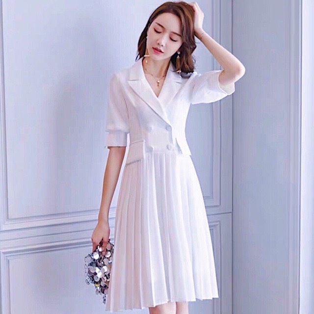 Đầm Xòe xòe trắng dập li cổ vest Thanh lịch