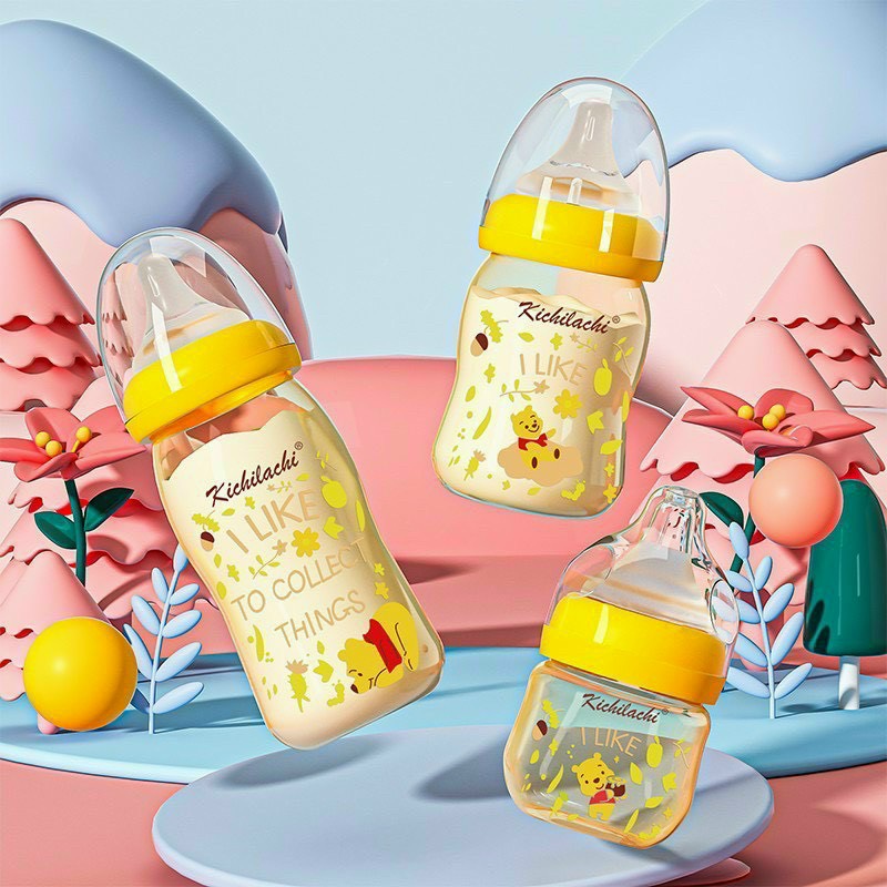 Tặng thêm núm ti tổng 3 núm bình sữa kichi ppsu cổ rộng hình gấu 160ml-260ml