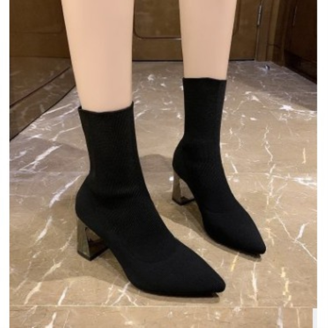 ▫✉◙  Boot nữ cao cổ boot Len Cổ Lửng Gót Trụ Bạc Tráng Gương Cao 7 phân Hàng Quảng Châu