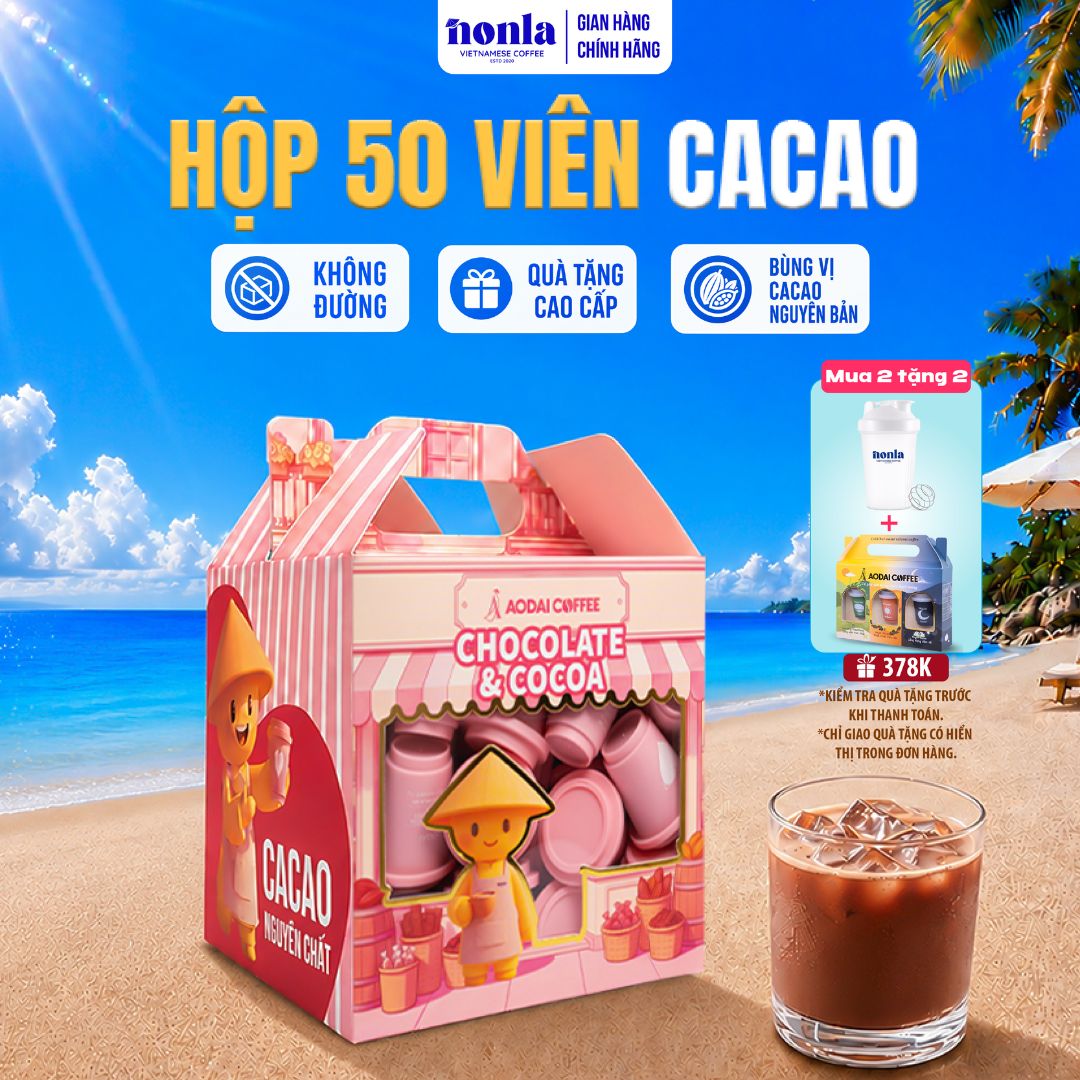 Hộp 50 Viên Cacao Hòa Tan Nguyên Chất Không Đường NONLA COFFEE Cung Cấp Năng Lượng Và Dưỡng Chất
