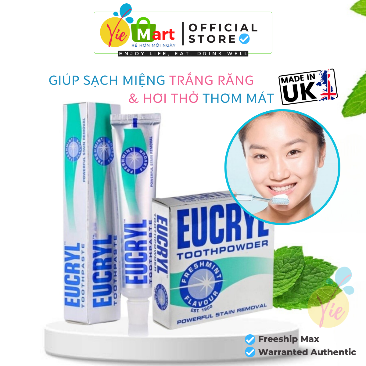 Bột Tẩy Trắng Răng Eucryl Powerful Stain Removal Toothpowder - Giúp Răng Sáng Bóng 50g