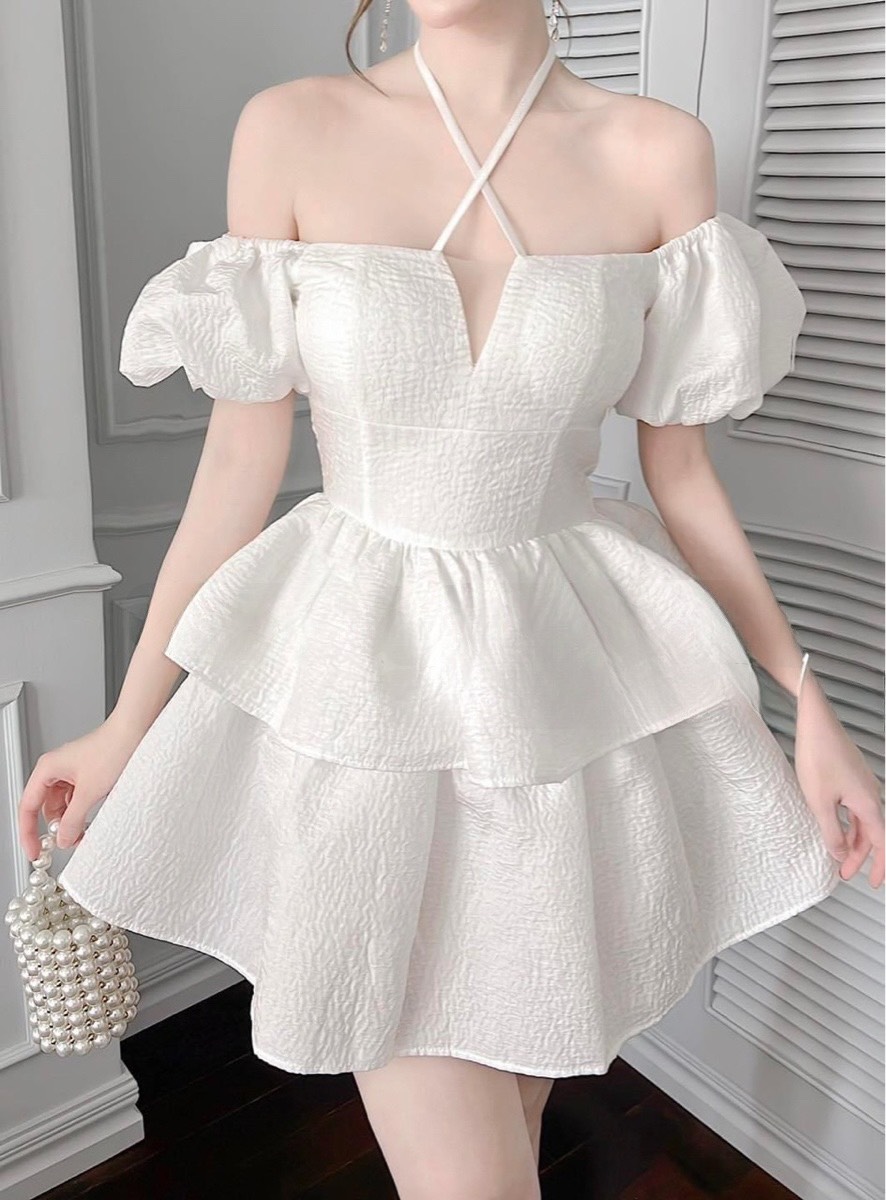 Đầm xòe trễ vai dây đan cheo cổ vải xốp xinh xắn up