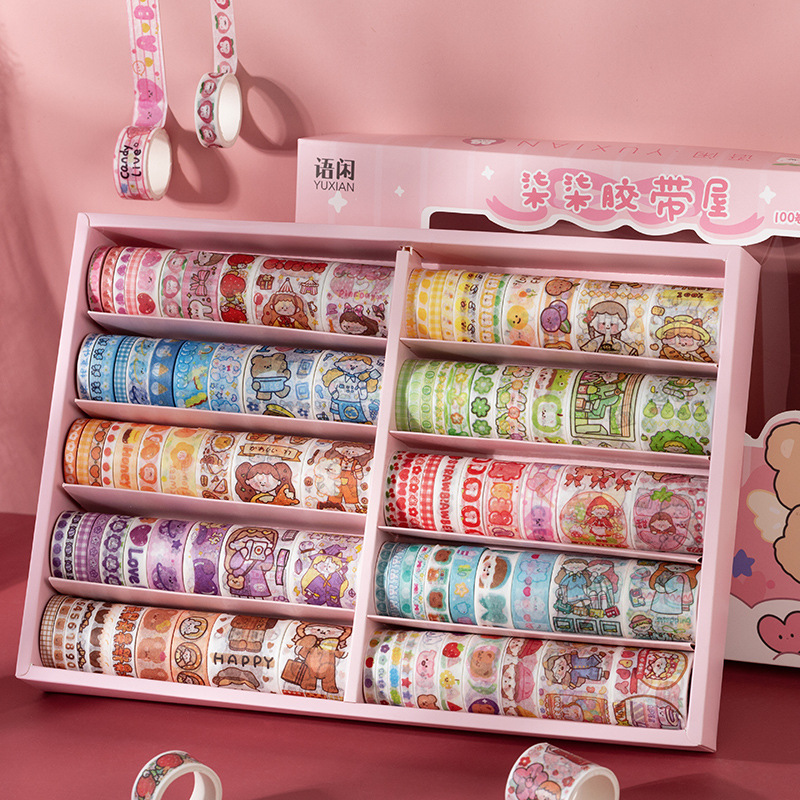 Hộp 100 cuộn washi tape dễ thương