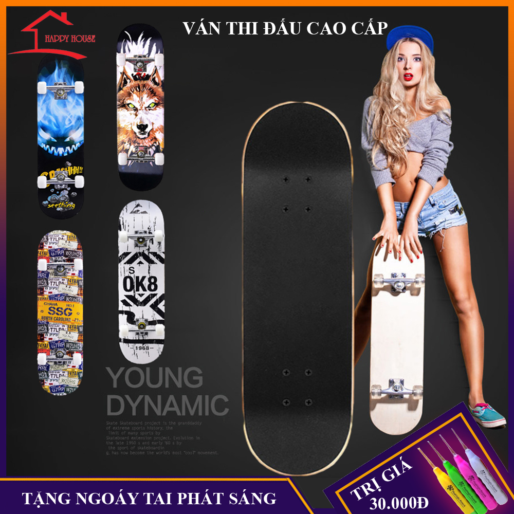 Ván trượt thi đấu cao cấp, ván trượt cỡ lớn cao cấp gỗ phong, mặt nhám, bánh xe an toàn chắc chắn, bảo hành 12 tháng, lỗi đổi mới trong 7 ngày đầu nhận hàng