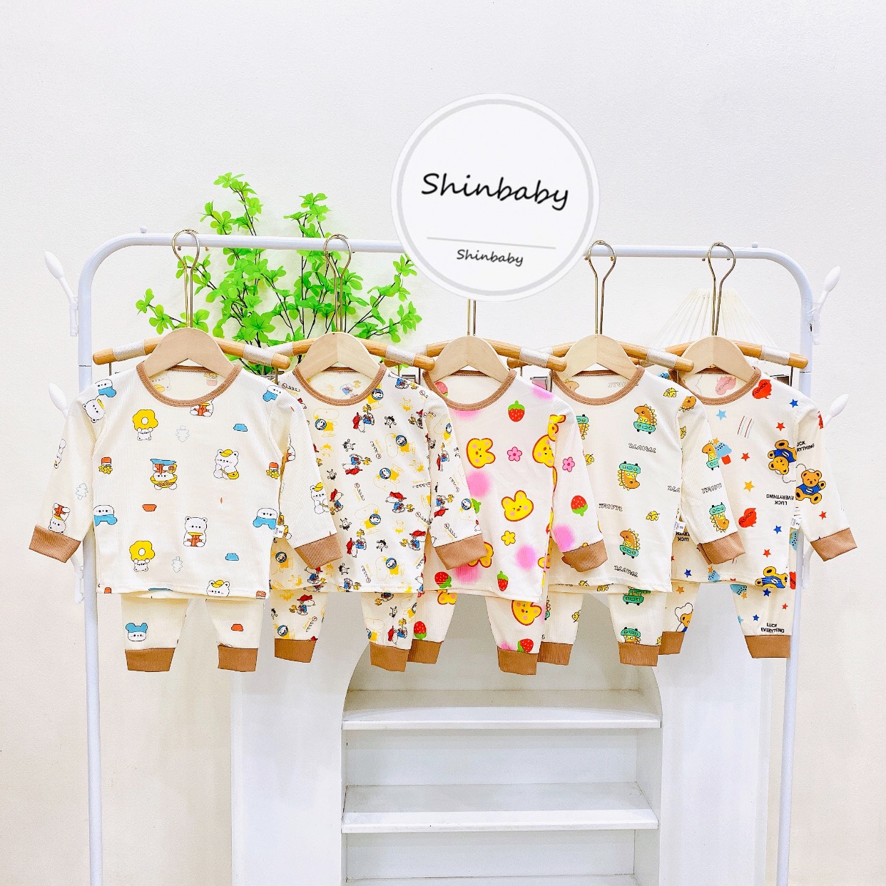 Set 4 bộ gân tăm lạnh dài tay mềm mát nhiều họa tiết dễ thương cho bé