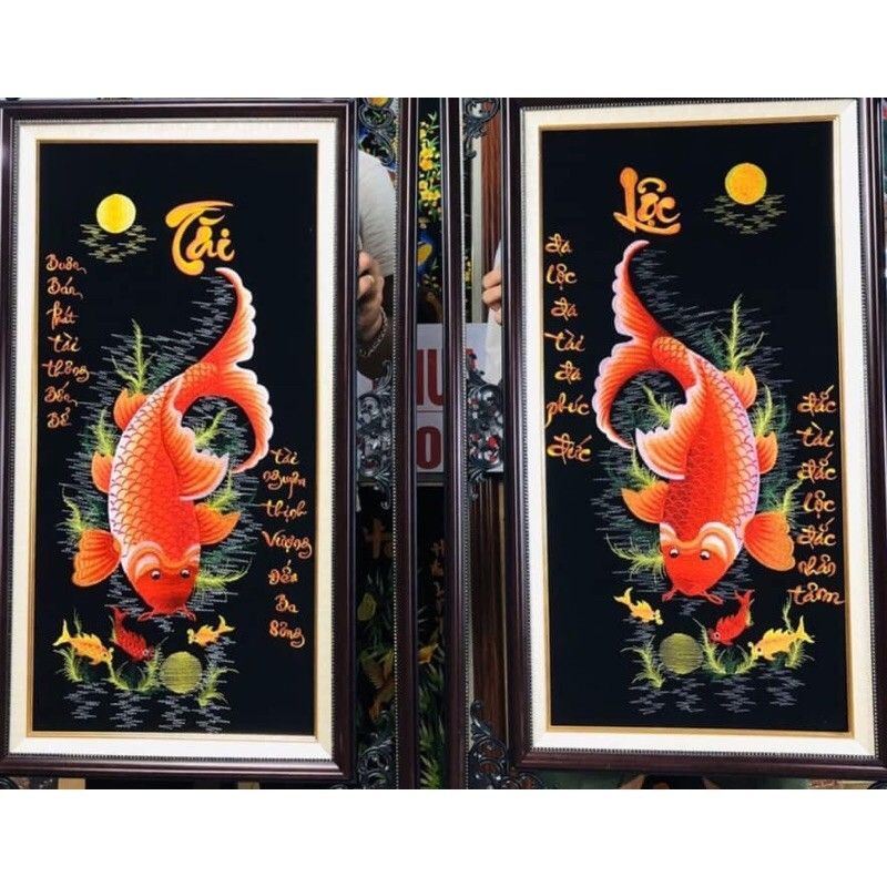 tranh thêu thành phẩm cá chép tài lộc thêu vi tính( ko khung)