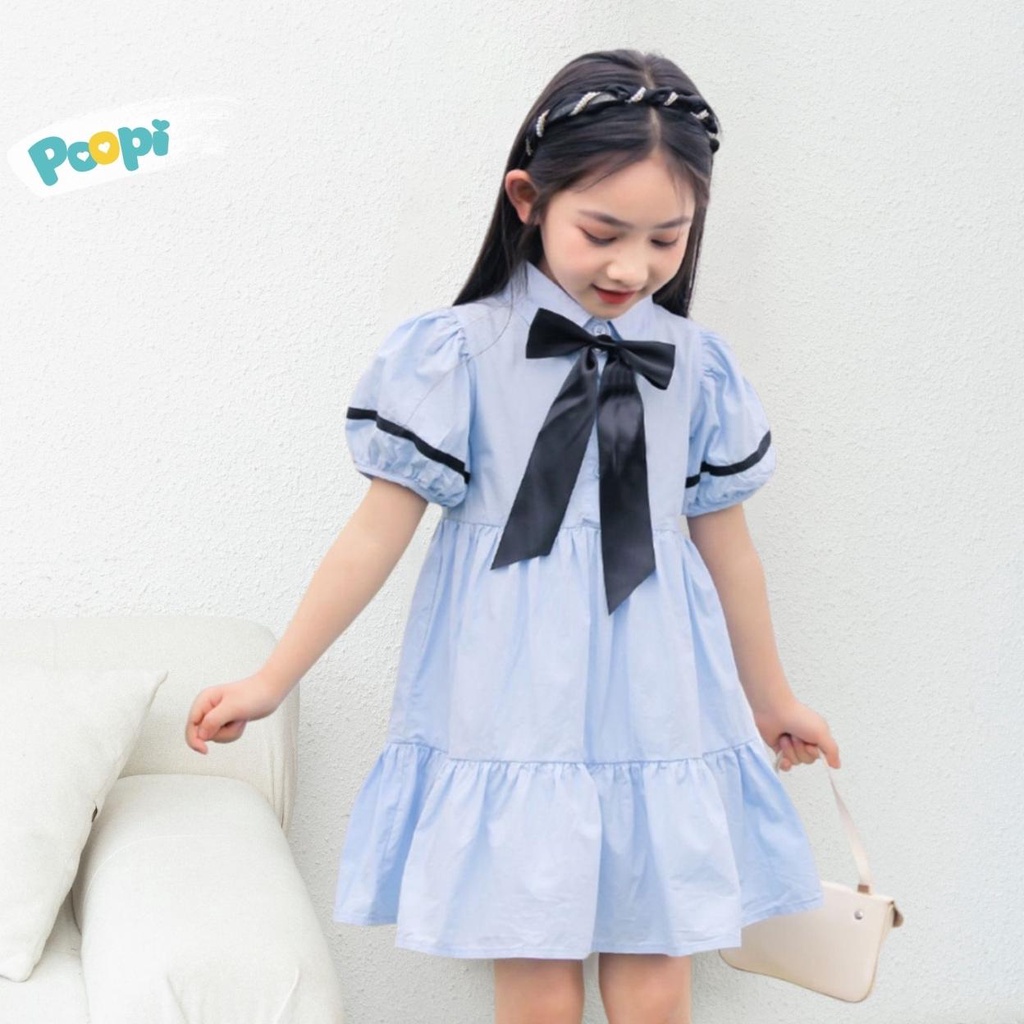 Váy bé gái poopi đầm cổ đính nơ dễ thương cho bé gái mặc đi chơi đi học