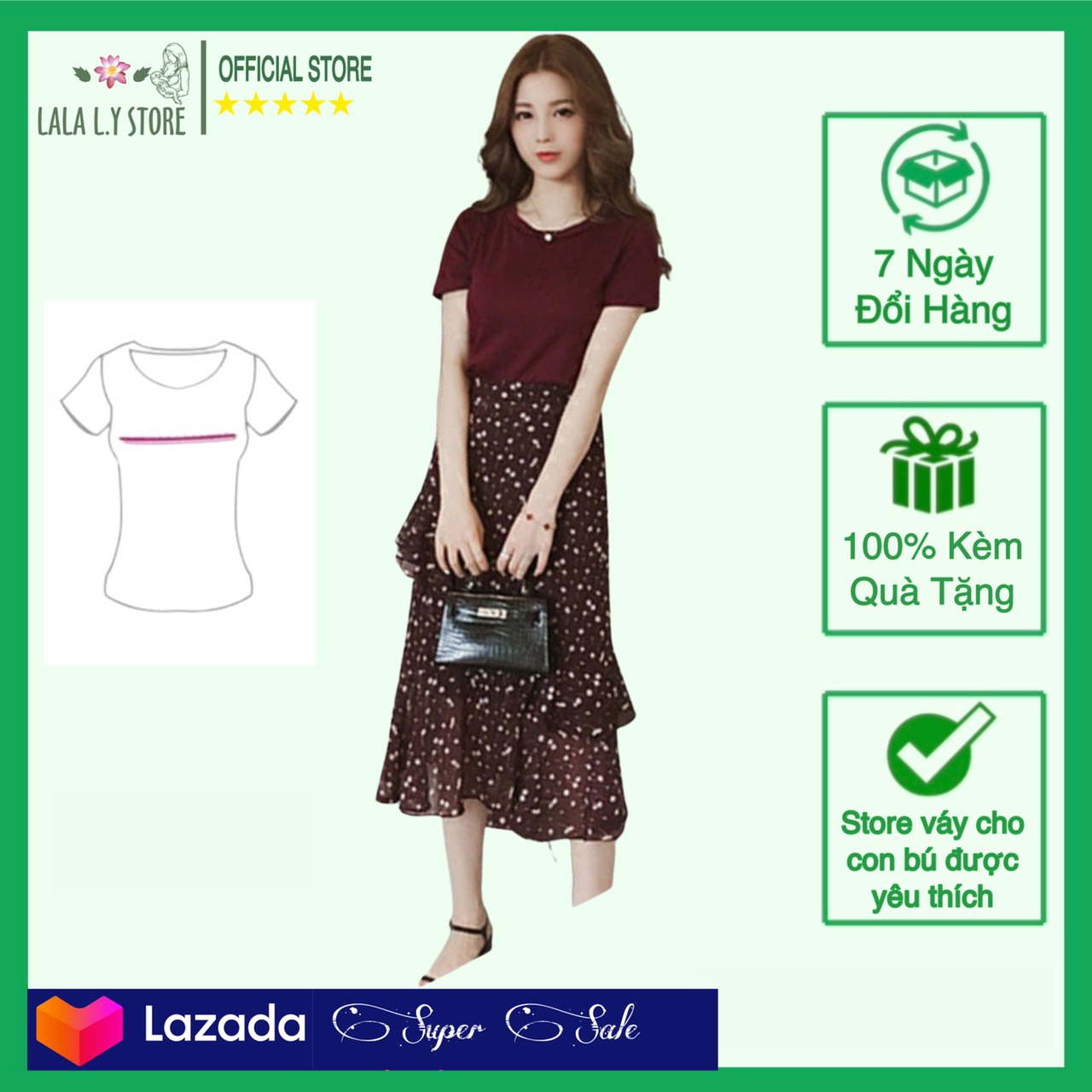 Váy sau sinh cho con bú, Set áo và chân váy cho bé ti dễ thương trẻ trung BST-HE2021 LSV096