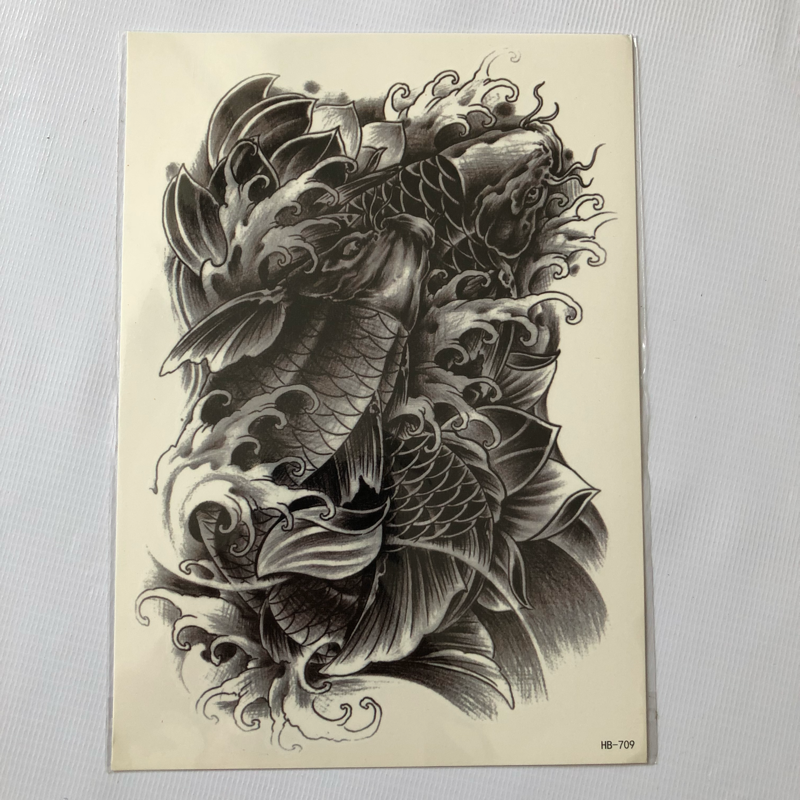 Combo 4 tấm hình xăm dán cá chép trắng đen bắp tay 15x21cm- mua 2 combo tấm đồng size