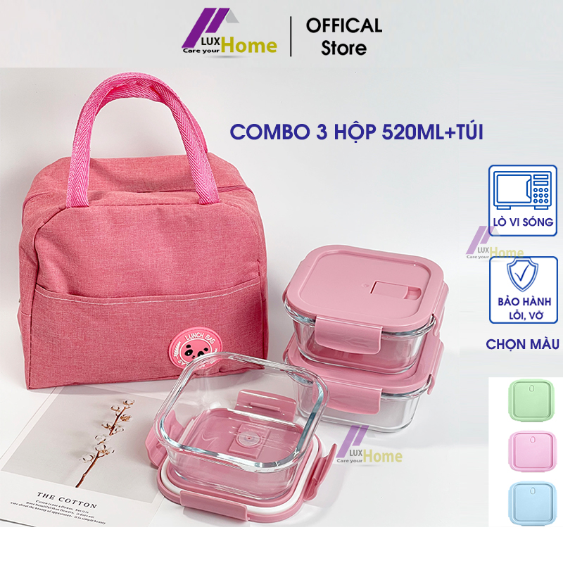 Hộp đựng cơm thủy tinh chịu nhiệt, Combo 3 hộp 1 ngăn 520ml kèm túi giữ nhiệt Luxhome
