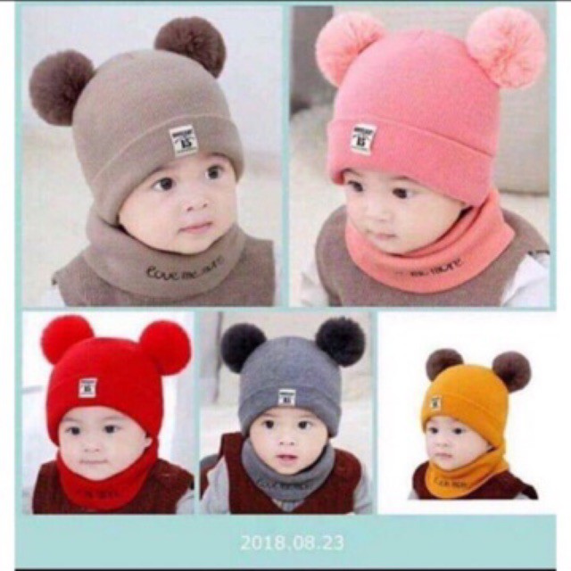 Mũ Len Trẻ Em 2 Quả Bông Kèm Khăn Quàng Cổ Giữ Ấm Cho Bé Dưới 3 Tuổi