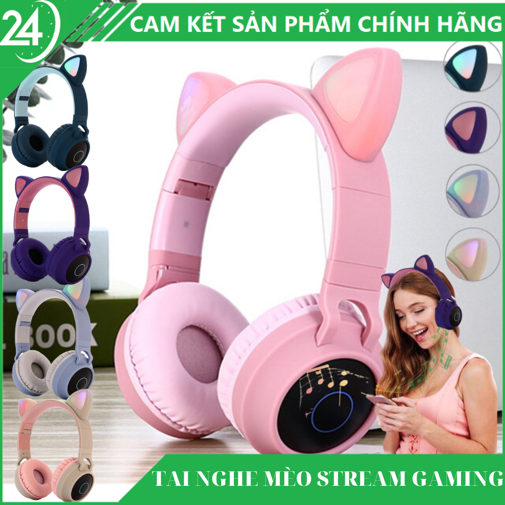 Tai Nghe Chụp Tai Mèo Siêu Dễ Thương Cho Các Streamer Gaming - Tai nghe bluetooth không dây chụp tai ẩm thanh cực hay, bass nổi , âm thanh vòm 3D, đèn led tai mèo 3 chế độ tự động