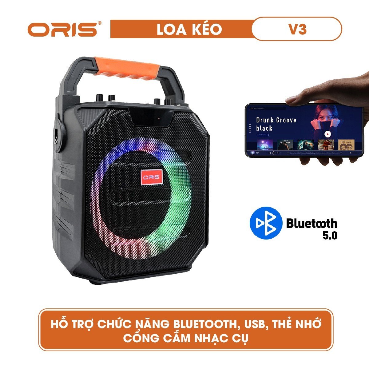 Loa kéo mini công suất 100W ORIS V3, loa di động có đèn 7 màu nhấp nháy theo nhạc, tặng kèm 01 mic sóng UHF chất lượng