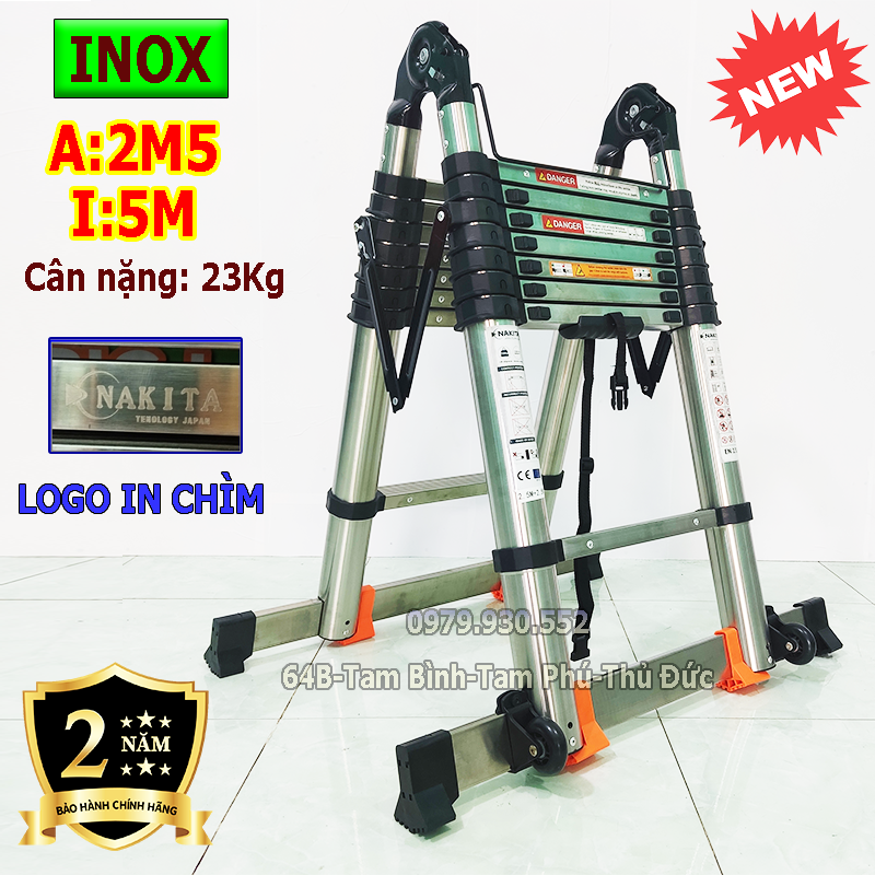 Thang nhôm rút đôi Nakata, thang inox rút đôi Nakita (Chữ A: 2,5m; Chữ I: 5,0m) Thang rút có khóa gấp tự động. Bảo hành 2 năm