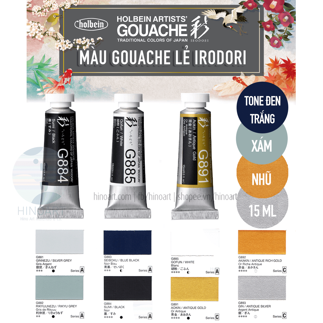 Tông đen trắng xắm nhũ màu gouache holbein irodori - tuýp 15ml