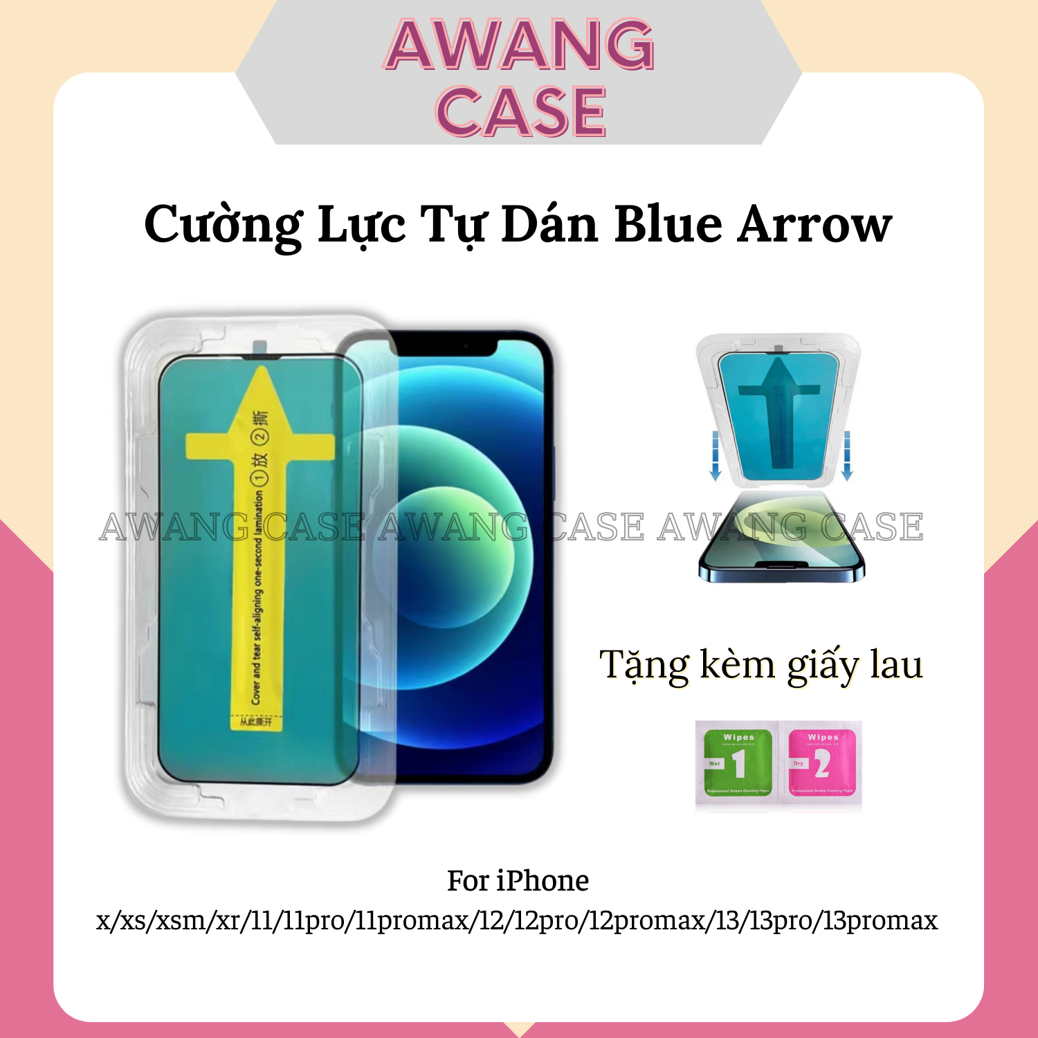 Kính Cường Lực iPhone Tự Dán Cao Cấp Blue Arrow Cho Các Dòng iPhone Từ x/xr/xs/11/12/13/pro/max/plus/promax