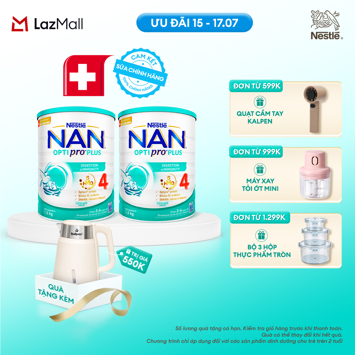 [CHỈ 15-17.07 QT ĐƠN 599K/999K/1299K][Tặng ấm Kalpen] Combo 2 lon Sữa bột Nestlé NAN OPTIPRO PLUS 4 1500g/lon với 5HMO Giúp tiêu hóa tốt