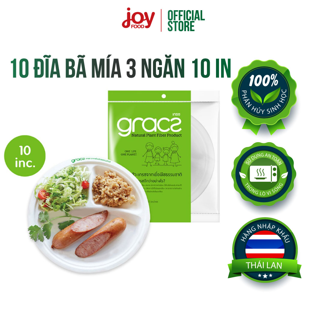 10 đĩa dùng 1 lần 3 ngăn 10in (trắng) làm từ bã mía, hàng nhập khẩu Thái Lan