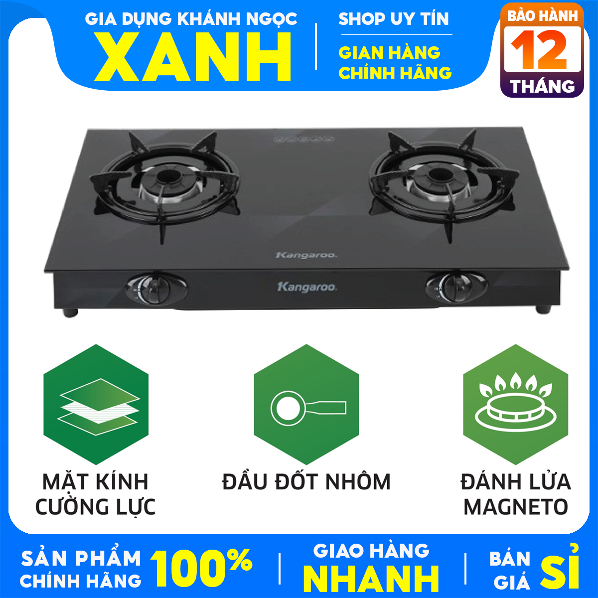 Bếp gas đôi Kangaroo KG8G1A Chính Hãng 100% +Tặng dây gas- đánh lửa Magneto, lửa tỏa đều, tiết kiệm gas Bảo Hành 12 Tháng