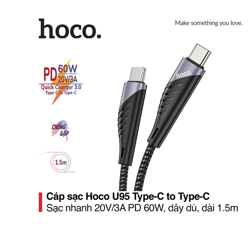 Cáp sạc nhanh pd60w hoco u95 type-c to type-c dây dù siêu bền dài 1.5m cho android