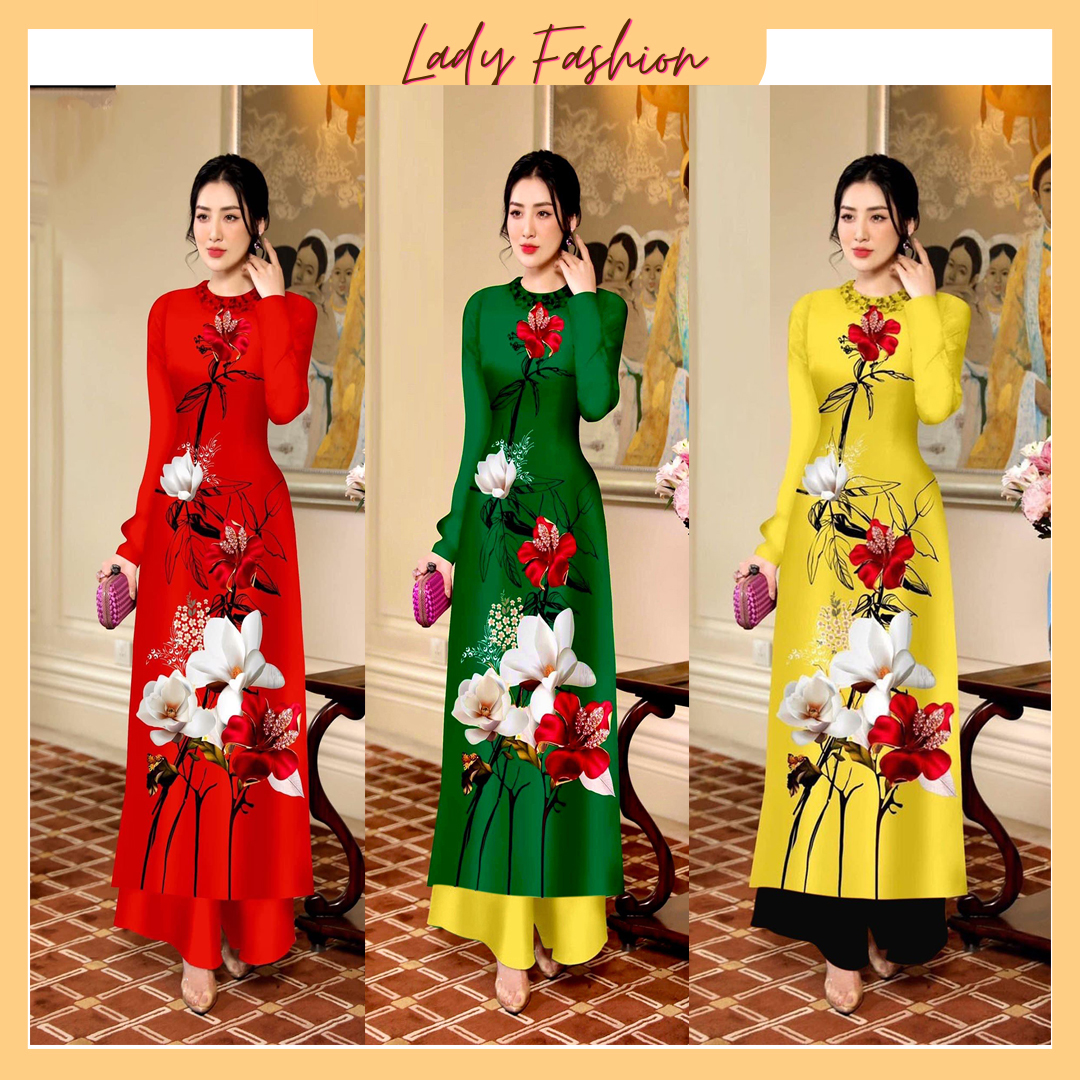 Áo dài in 3D họa tiết hoa lan cao cấp D030 - Khánh Linh style - Lady Fashion