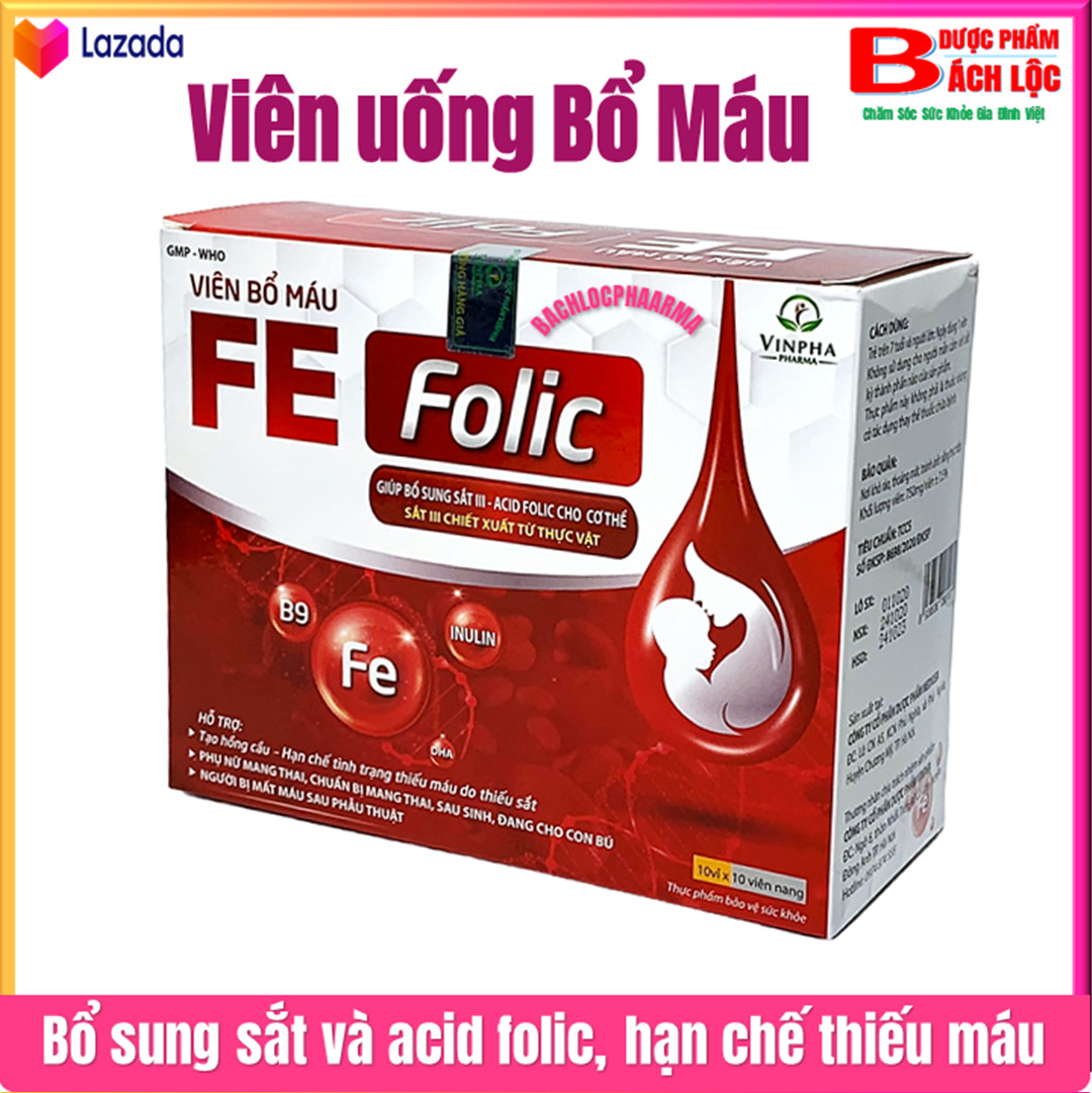 Viên uống bổ máu Fe Folic bổ sung Sắt III- Acid Folic Hỗ Trợ Tạo Hồng Cầu Hạn Chế Tình Trạng Thiếu Máu Do Thiếu Sắt - Hộp 100 viên