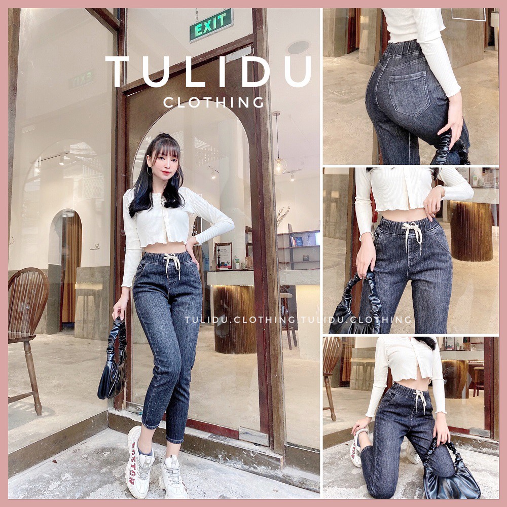Quần jean nữ dáng baggy cạp lưng cao trơn - quần bò nữ cột dây co giãn