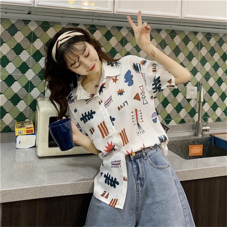 Áo sơ mi nữ ngắn tay form rộng unisex in họa tiết phong cách hàn quốc