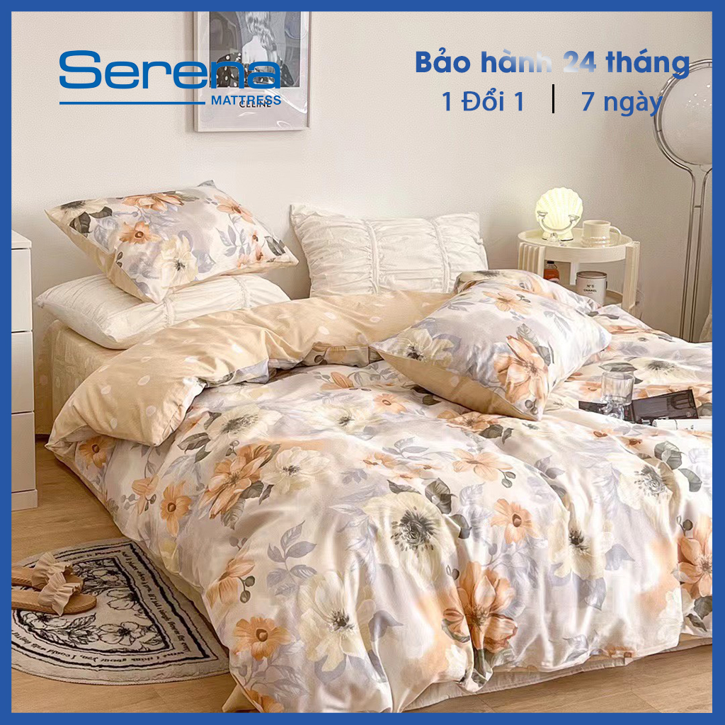 Bộ ga gối 5 món cao cấp cotton living SERENA chính hãng bộ vỏ chăn ga grap drap ra gối nệm đệm trải bọc giường đẹp 5 món cotton living chần bông mát lạnh dễ thương cao cấp - Serena Việt Nam