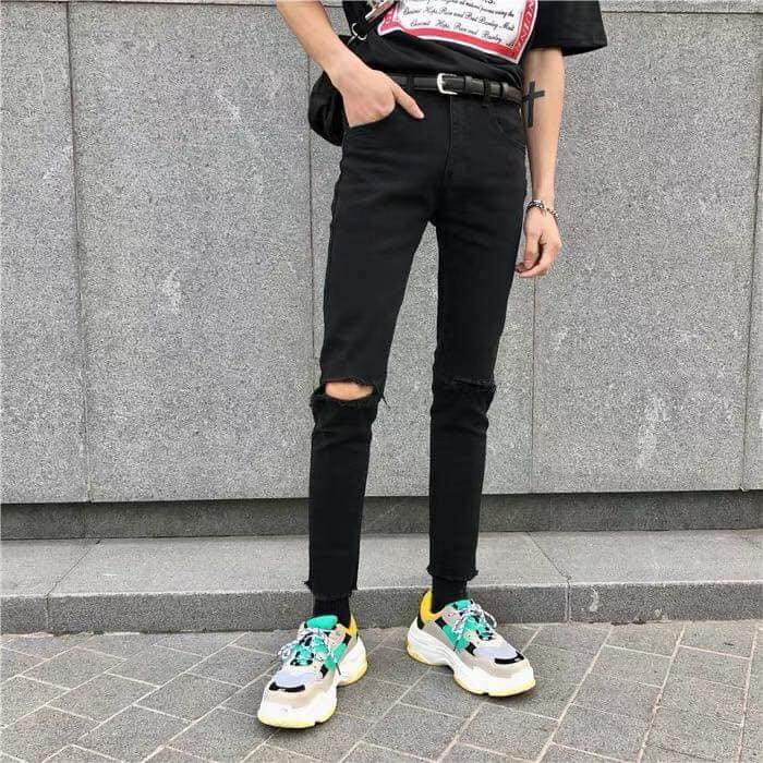 [Hoàn Tiền 15%] Quần Baggy Jean Đen Rách Ngang Gối Nam Nữ Unisex