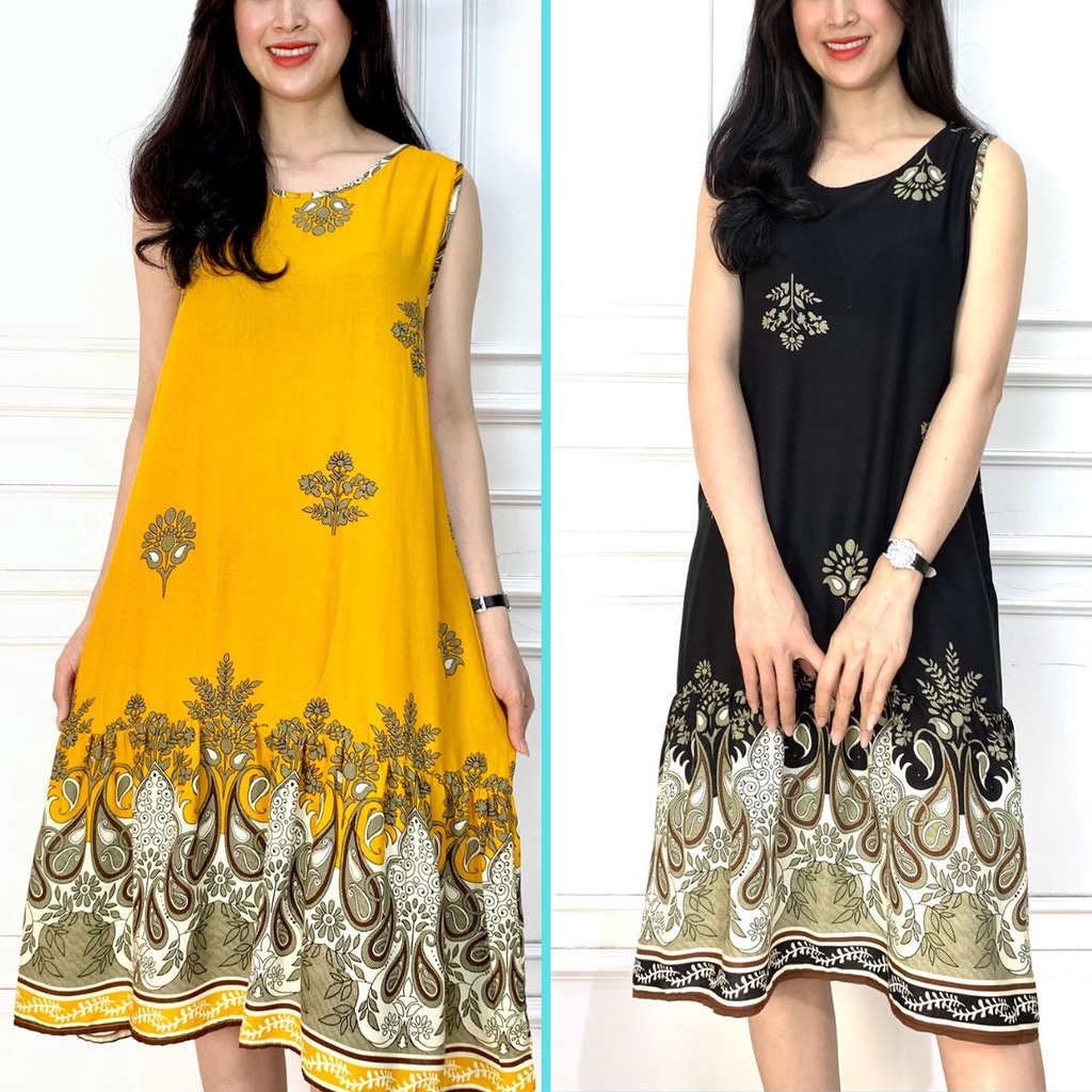 Đầm maxi trung niên mặc nhà lanh dáng suông đuôi cá họa tiết thổ cẩm - Váy maxi lanh suông trung niên cho mẹ AMYRA Va025