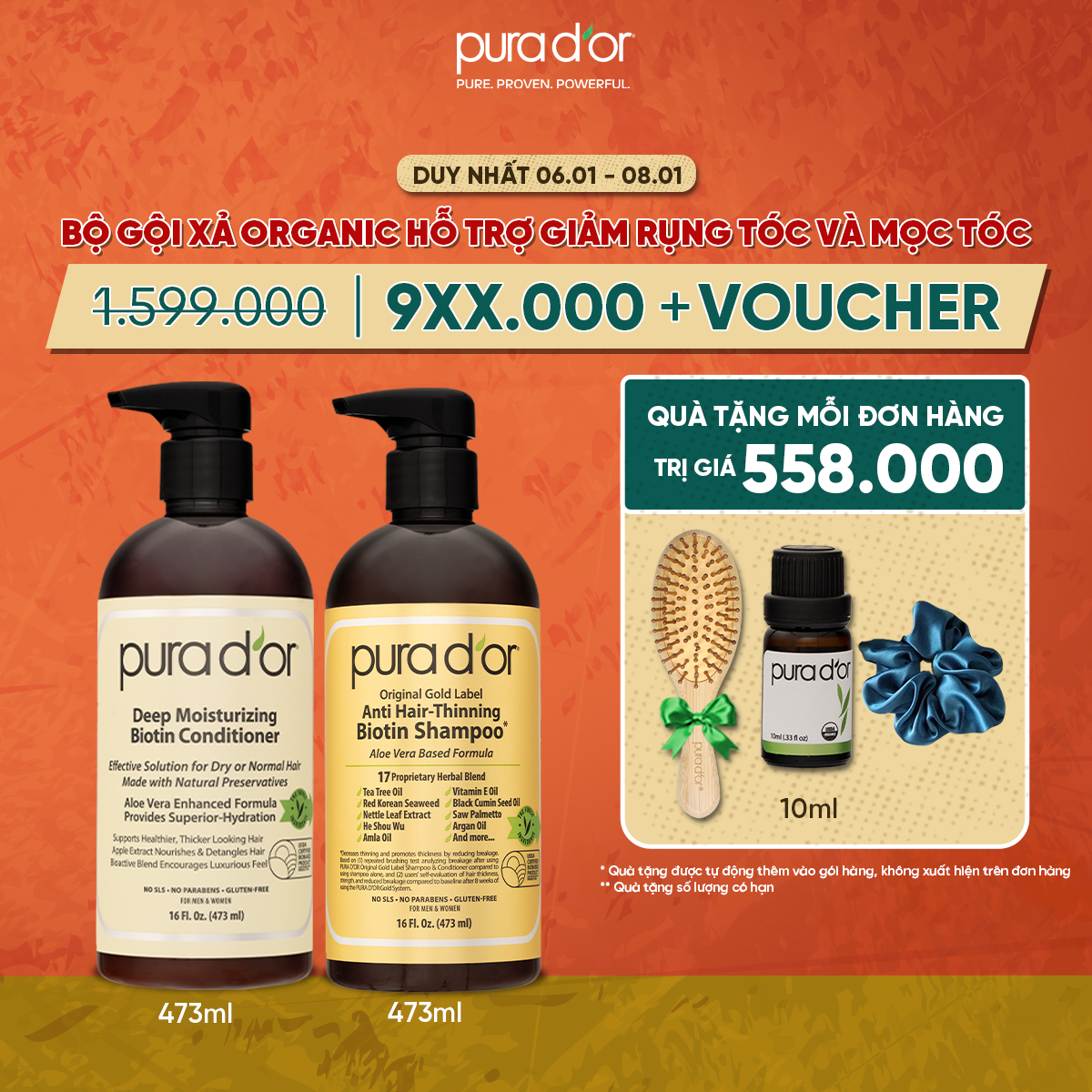 Combo Dầu Gội, Dầu Xả Biotin PURA DOR Original Gold Label 236ML/ 473ML -Thành Phần Organic, Thuần Chay,  Biotin Hỗ Trợ Mọc Tóc, Phục Hồi Tóc