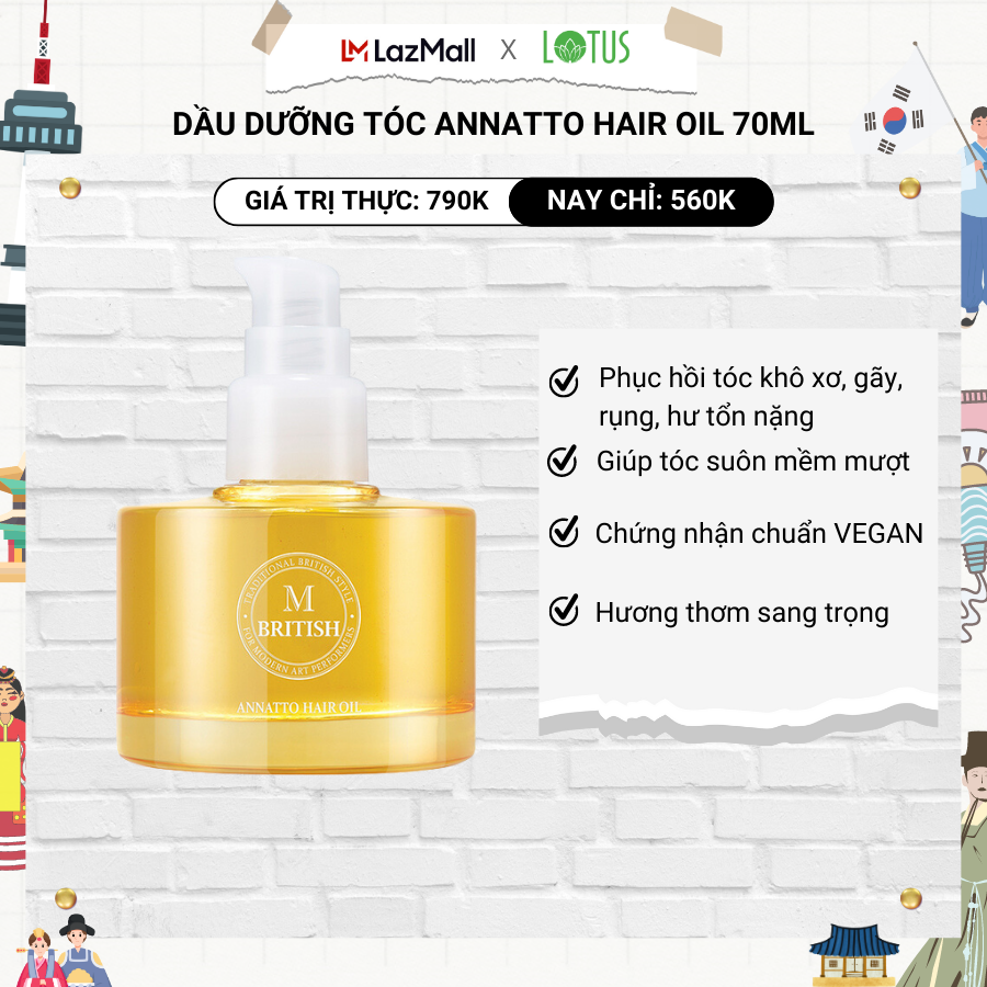 Dầu dưỡng tóc phục hồi tóc hử tổn nặng BRITISH M Annatto Hair Oil 70ml