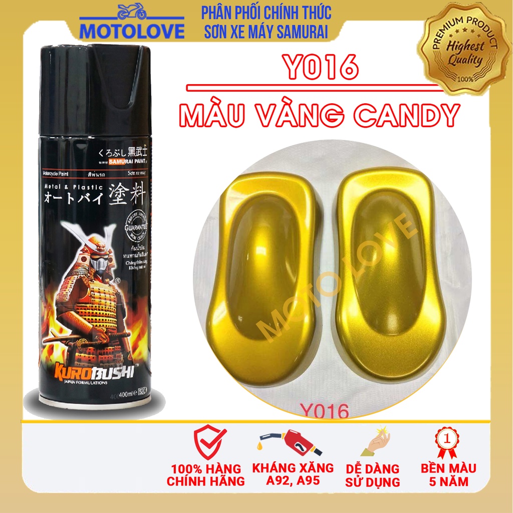 Sơn xịt Samurai màu Vàng Candy - Y016 nhập khẩu từ Malaysia.