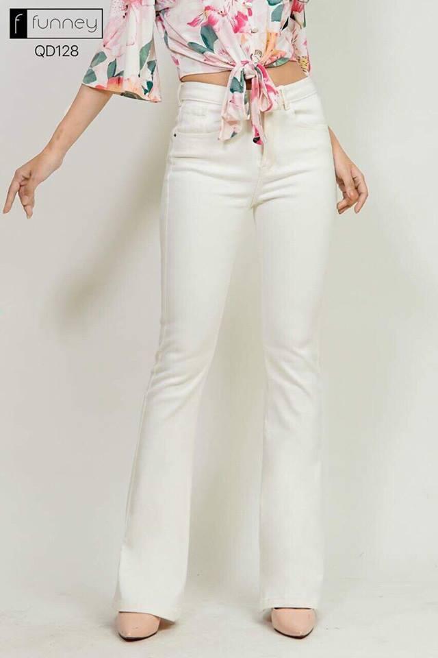 Quần jeans nữ trắng ống loe dài cao cấp