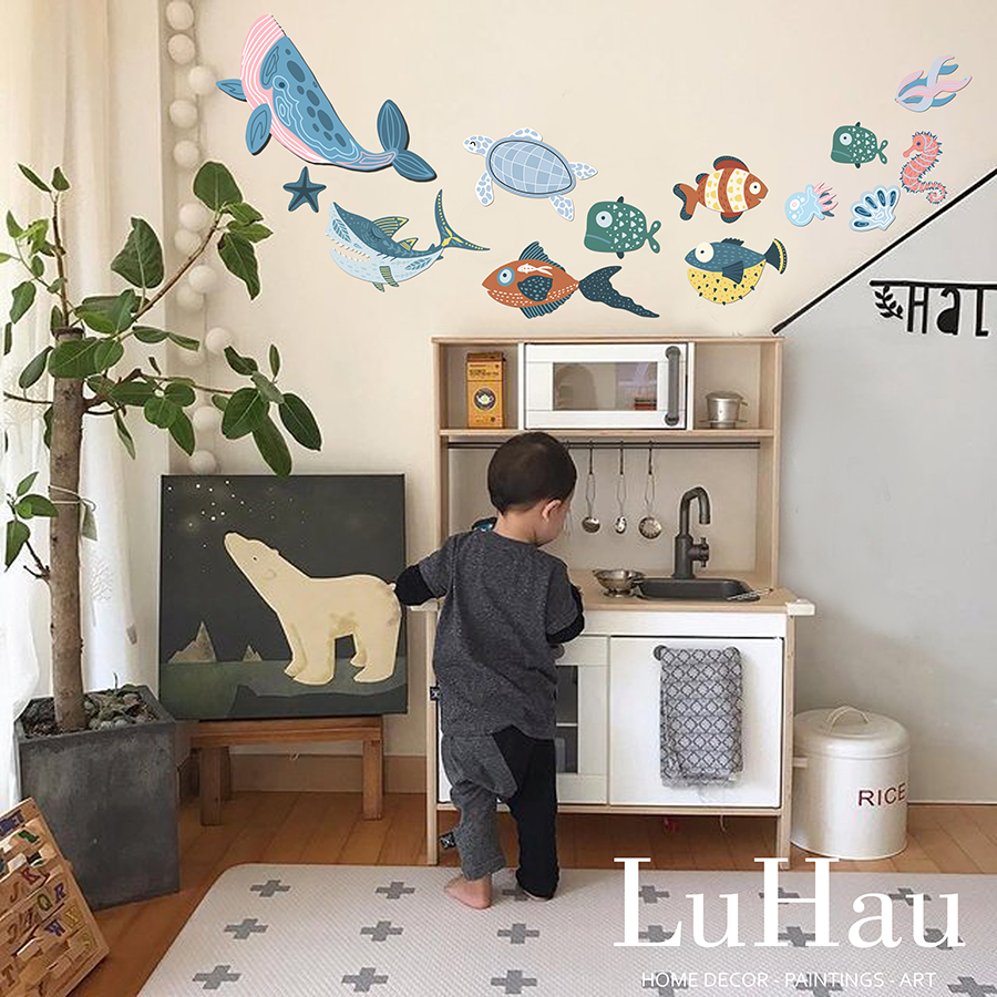 Tranh gỗ dán tường decor hiện đại LuHau Đại dương xanh 13 chi tiết, tranh decor trang trí. Tặng kèm băng dính nano 3M dán tranh