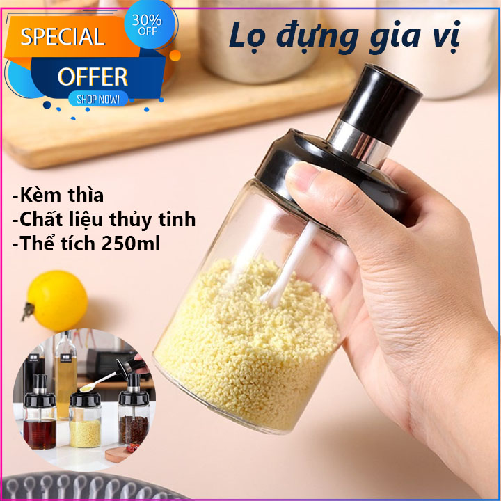 Lọ đựng gia vị - bình đựng gia vị - hộp hũ đựng gia vị thủy tinh kèm thìa cao cấp, lọ thủy tinh đựng gia vị 250ml ~ 300gr - hũ đựng gia vị thủy tinh kèm thìa