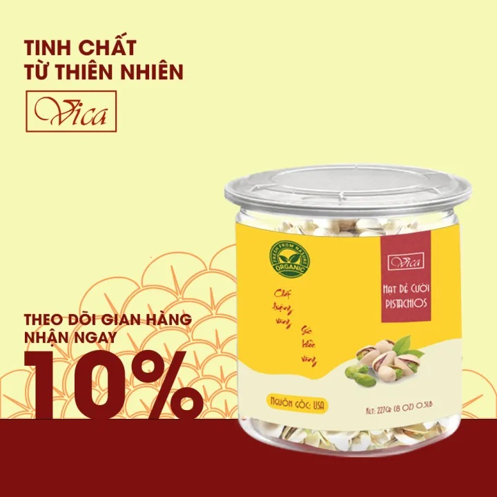 Hạt dẻ cười VICA Pistachio USA 227g (0.5LB) đóng hũ nhựa cao cấp. Hạt Dẻ Cười Mỹ hũ nhựa cao cấp, dùng làm quà tặng, quà tết, hạt dinh dưỡng