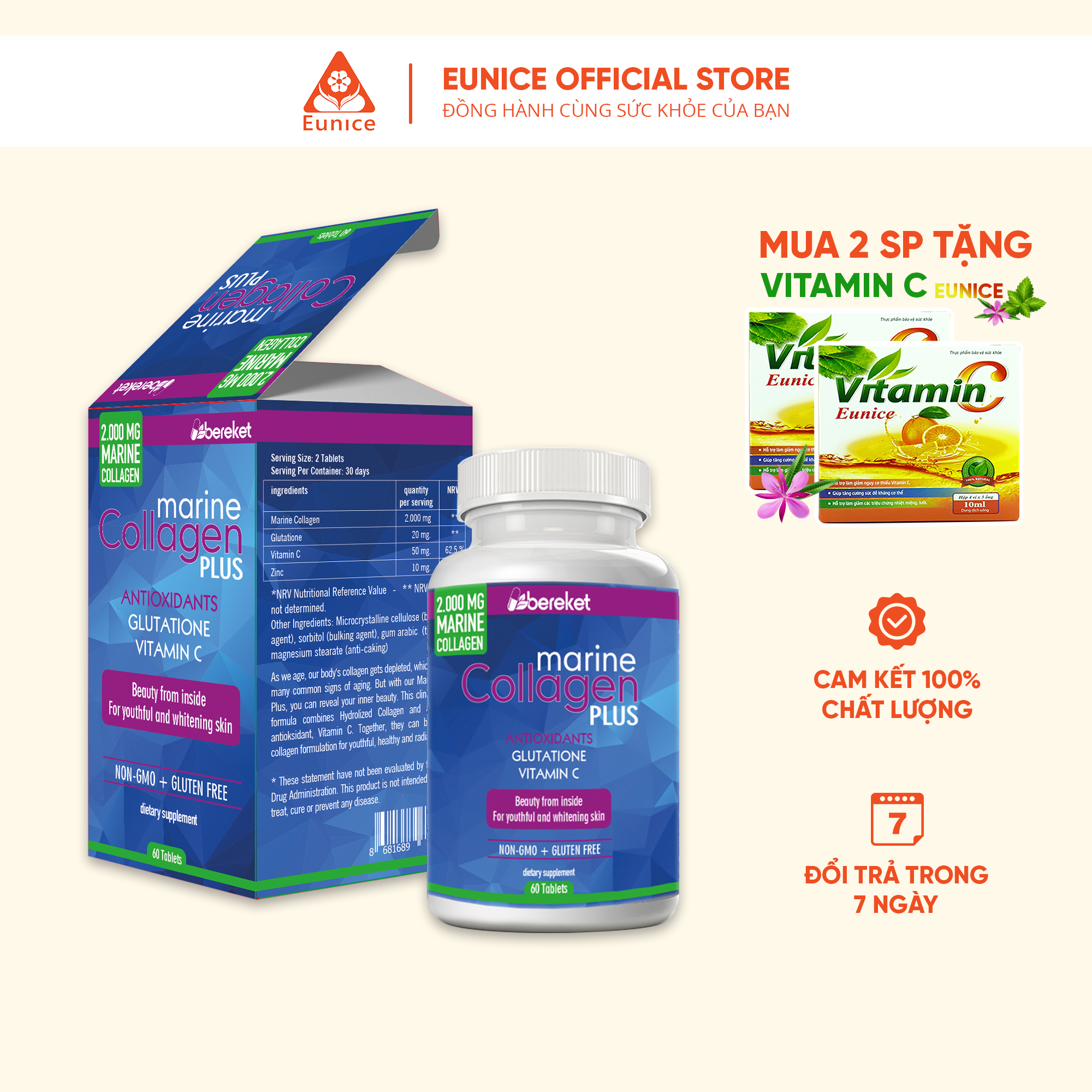 Viên uống Marine Collagen Plus hỗ trợ sức khỏe - Eunice phân phối - hộp 60 viên