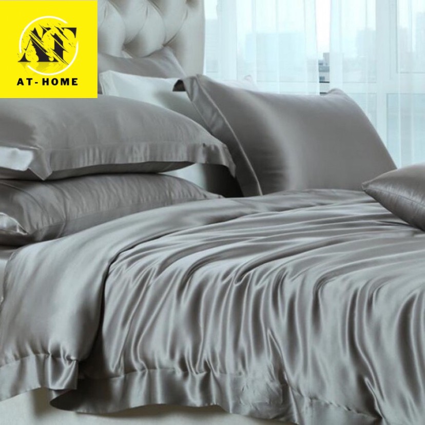 Áo bọc nệm vỏ bọc Topper phi lụa mát mịn AT Home 2 mặt có dây kéo - màu xám