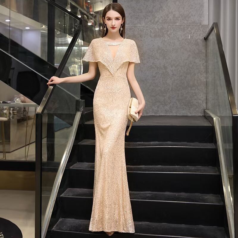 Champagne Short Evening Dress for Wedding Party V-Neck Satin Gliiter Prom  Gown Long Puffy Sleeves Celebrity Gown - AliExpress