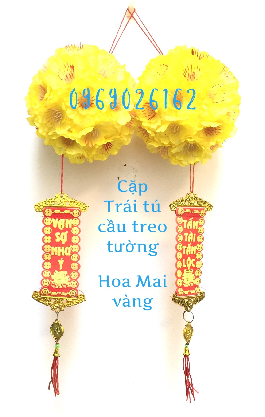 Hoa trang trí ngày tết - combo 2 trái tú cầu hoa mai vàng treo trần nhà
