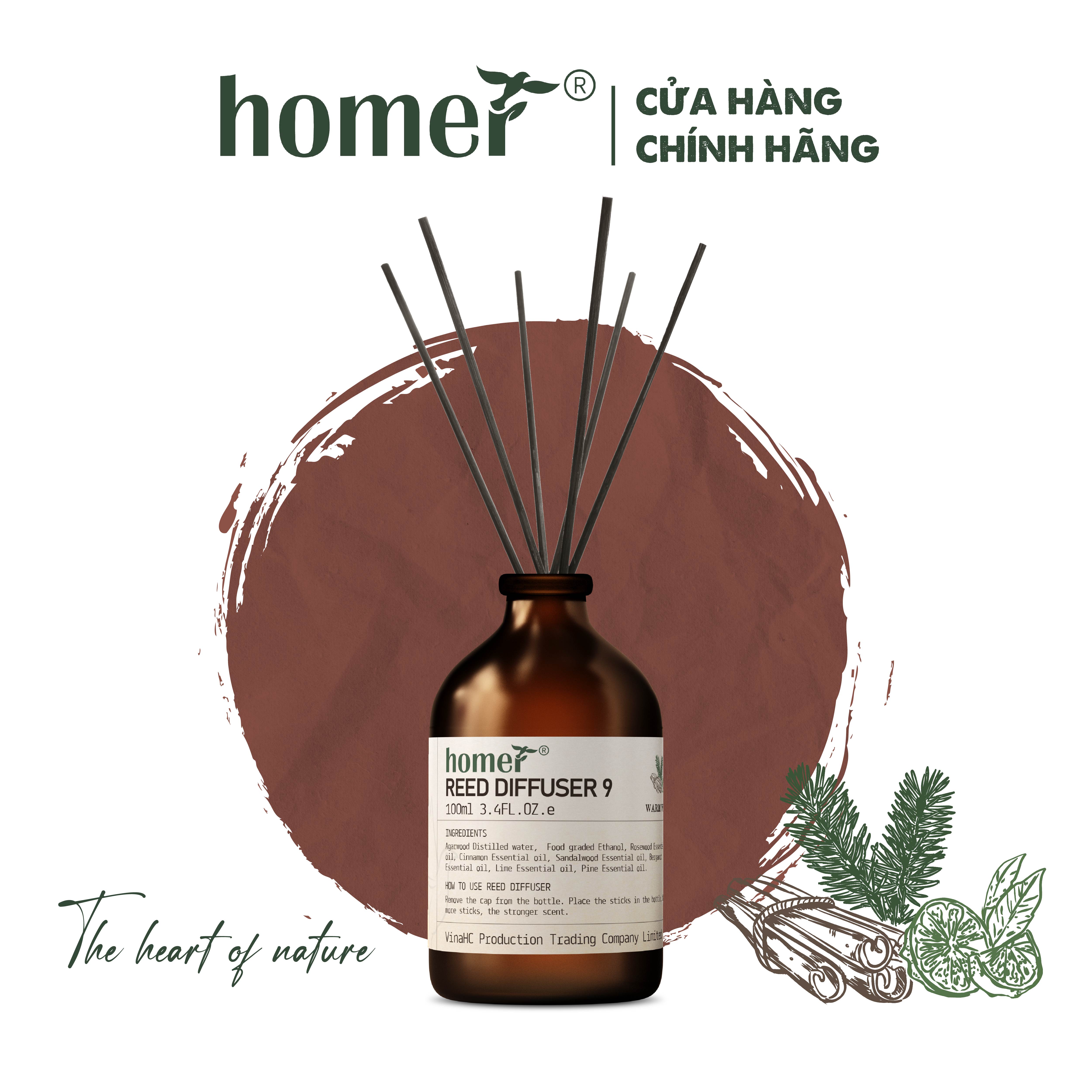 Tinh dầu thơm phòng Gỗ Ấm khuếch tán dạng que gỗ thiên nhiên HOMER dung tích 100ml/250ml - Thơm suốt 600 giờ, khử mùi, thơm phòng, không độc hại