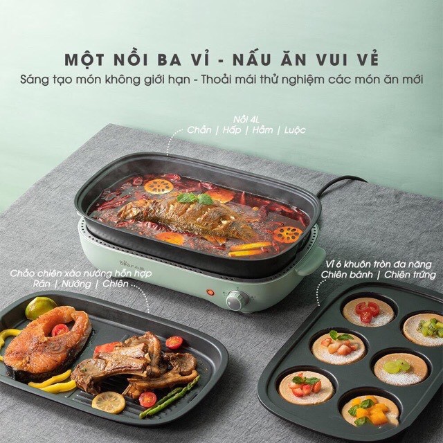 Nồi lẩu nướng nướng bear đa năng. bếp nướng điện kiêm nồi lẩu bear dung tích 4l, 6 lít -bảo hành chính hãng 1 năm