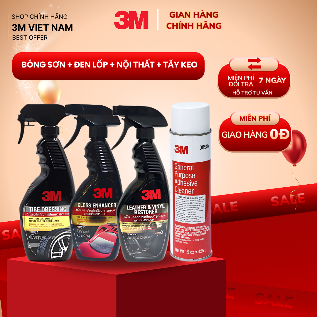 [ Tặng khăn lau 3M] (COMBO) Tẩy keo nhưa đường 08987, Chai xit bảo dưỡng nôi thất 39040LT, Chai xit bảo dưỡng vỏ 39042LT, Chai xit tăng bóng sơn 39034LT.