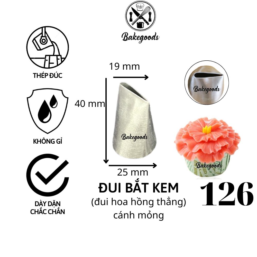 Đui bắt kem hoa hồng thẳng 126 cánh mỏng, đuôi bắt hoa trang trí bánh bằng thép không gỉ đúc liền khối dày dặn