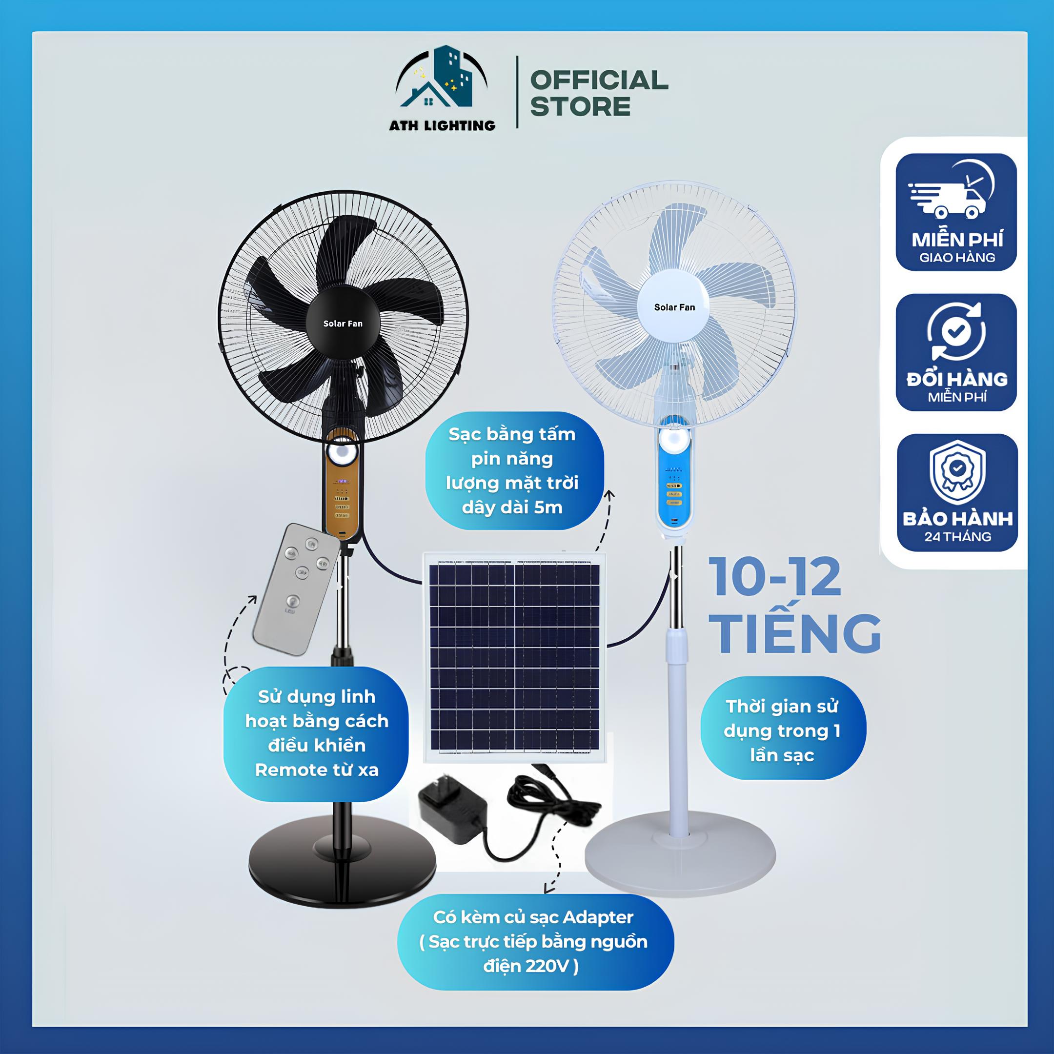  Quạt Tích Điện ATH LIGHTING Loại Quạt Sạc Bằng Năng Lượng Mặt Trời Có Dây Kết Nối 5m Kèm Adapater Sạc Ngoài Bảo Hành 24 Tháng 